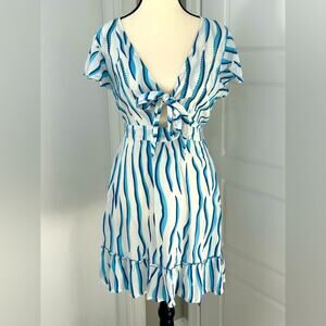 Skemo blue white wave beaded design keyhole front tie mini dress size M